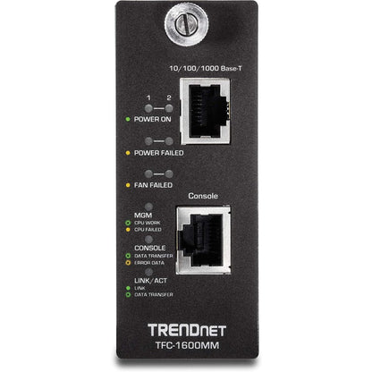 Module de gestion SNMP TRENDnet pour TFC-1600 ; prend en charge la gestion basée sur les ports ; surveillance en temps réel ; vitesse du convertisseur ; activité de liaison ; état duplex ; port Gigabit ; protection à vie ; TFC-1600MM TFC-1600MM