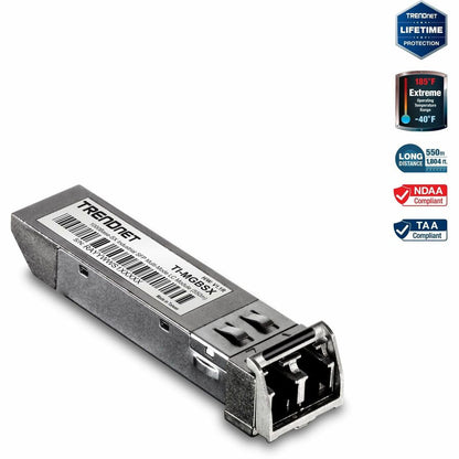Module LC multimode SFP industriel vers RJ45 1000Base-SX de TRENDnet ; TI-MGBSX ; jusqu'à 550 m (1 804 pi) ; IEE 802.3z ; ANSI Fiber Channel ; débits de données jusqu'à 1,25 Gbit/s ; duplex de type LC ; protection à vie TI-MGBSX