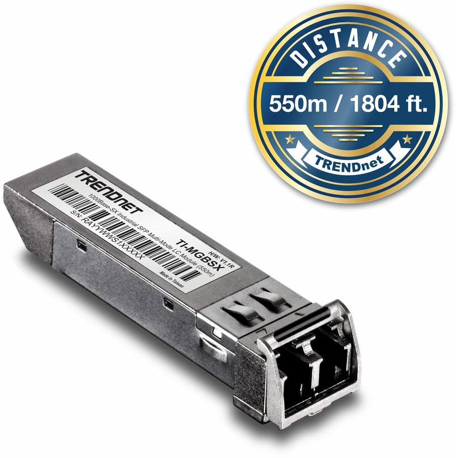 Module LC multimode SFP industriel vers RJ45 1000Base-SX de TRENDnet ; TI-MGBSX ; jusqu'à 550 m (1 804 pi) ; IEE 802.3z ; ANSI Fiber Channel ; débits de données jusqu'à 1,25 Gbit/s ; duplex de type LC ; protection à vie TI-MGBSX