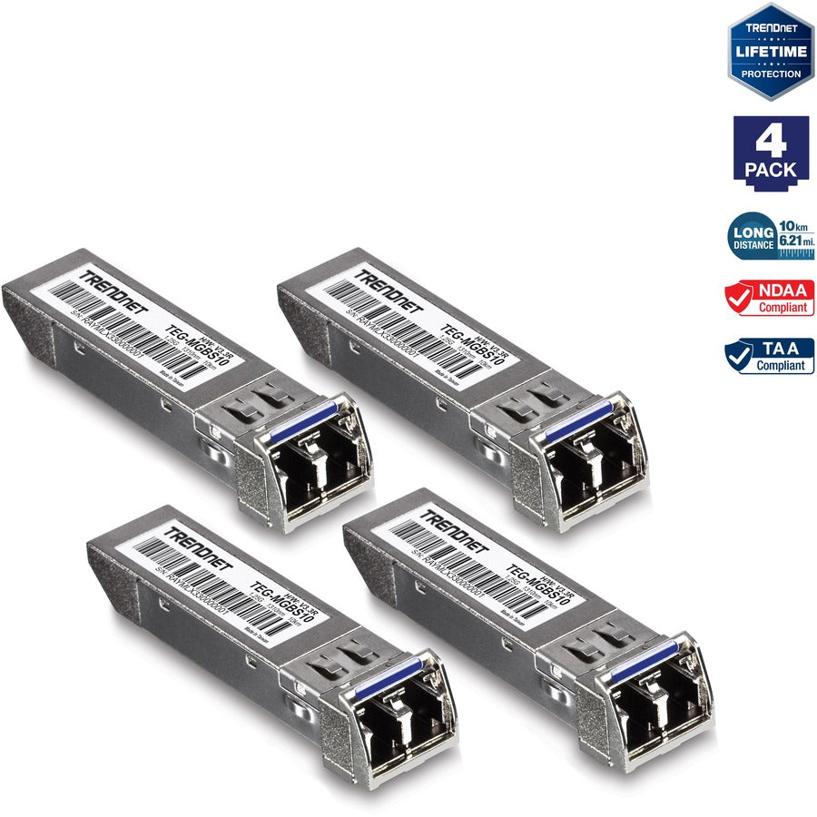 TRENDnet SFP Single-Mode LC Module 4-Pack; TEG-MGBS10/4; For Single Mode Fiber; Distances up to 10km(6.2 Miles); Gigabit SFP; Supports Up to 1.25Gbps; IEEE 802.3z Gigabit Ethernet; Lifetime Protection TEG-MGBS10/4