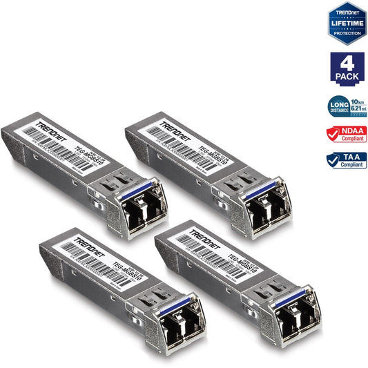 TRENDnet SFP Module LC monomode 4-Pack; TEG-MGBS10/4; Pour fibre monomode; Distances jusqu'à 10 km (6,2 miles); Gigabit SFP; Prend en charge jusqu'à 1,25 Gbit/s; IEEE 802.3z Gigabit Ethernet; Protection à vie TEG-MGBS10/4