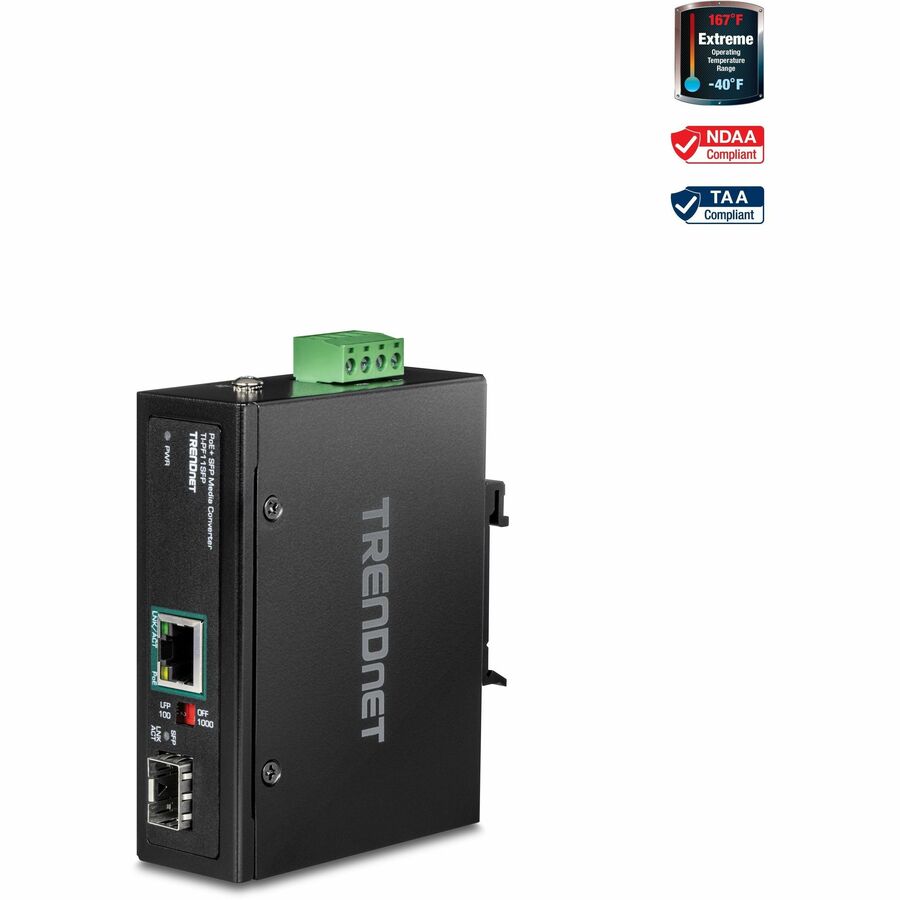 Convertisseur de média industriel SFP vers Gigabit PoE+ de TRENDnet ; boîtier classé IP30 ; plage de températures de fonctionnement -40 ?? 75 ?C à (-40 ? ? 167 ?F) ; TI-PF11SFP TI-PF11SFP