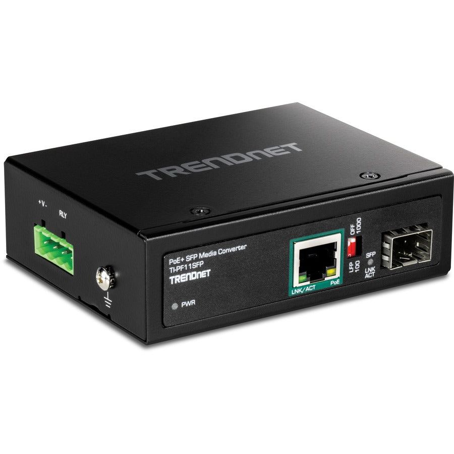 Convertisseur de média industriel SFP vers Gigabit PoE+ de TRENDnet ; boîtier classé IP30 ; plage de températures de fonctionnement -40 ?? 75 ?C à (-40 ? ? 167 ?F) ; TI-PF11SFP TI-PF11SFP