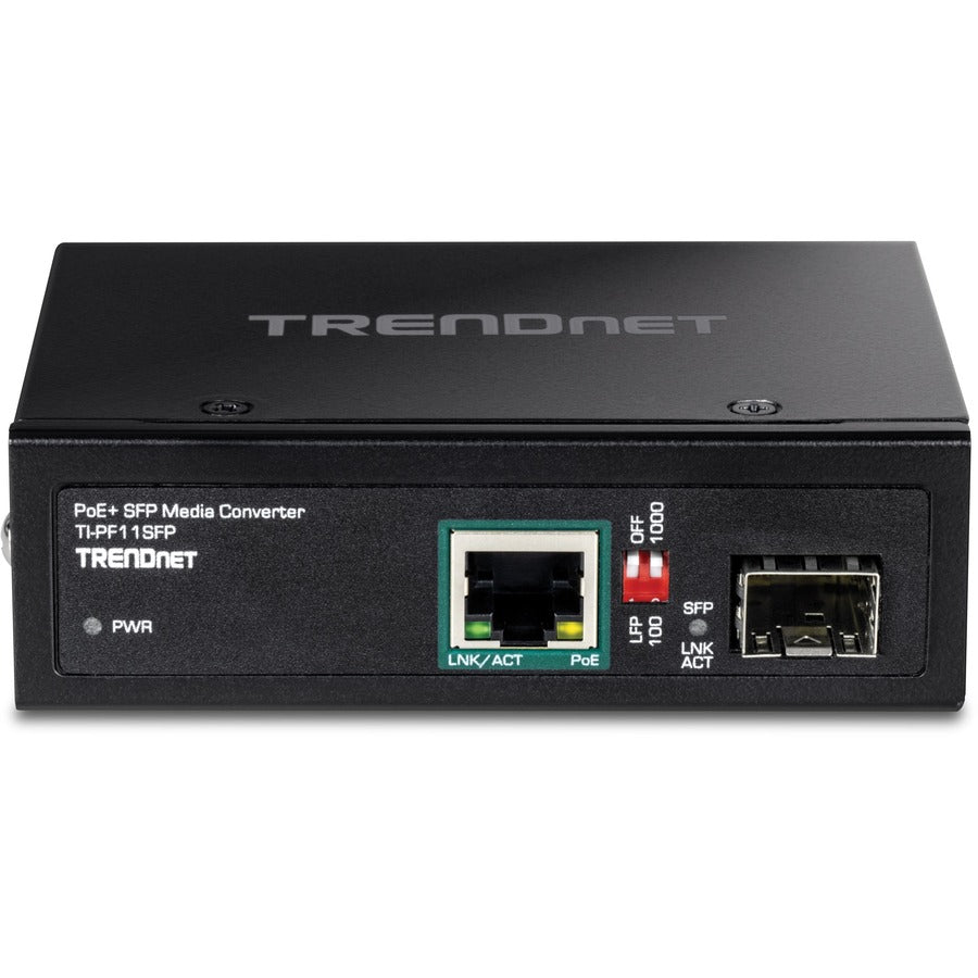 Convertisseur de média industriel SFP vers Gigabit PoE+ de TRENDnet ; boîtier classé IP30 ; plage de températures de fonctionnement -40 ?? 75 ?C à (-40 ? ? 167 ?F) ; TI-PF11SFP TI-PF11SFP