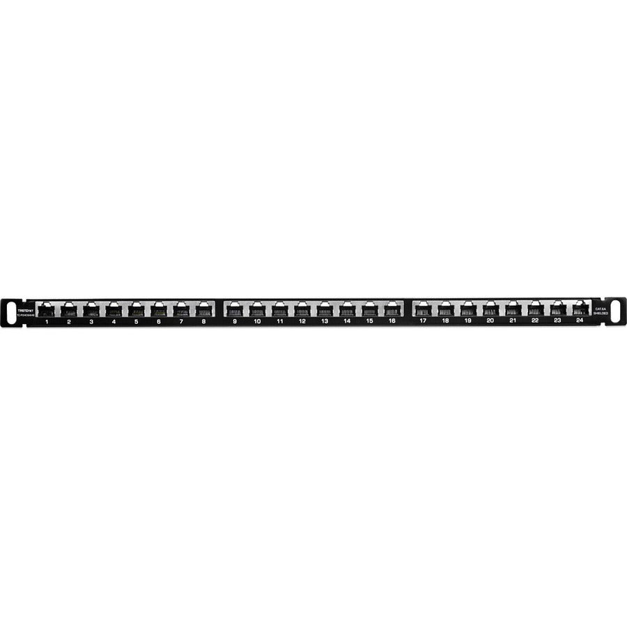 Panneau de brassage demi-U blindé CAT6A 24 ports TRENDnet, TC-P24C6AHS, compatible 10G, moitié de la hauteur des panneaux de brassage 1U standard, boîtier de montage en rack métallique, compatible CAT5e/Cat6/CAT6A, gestion des câbles TC-P24C6AHS