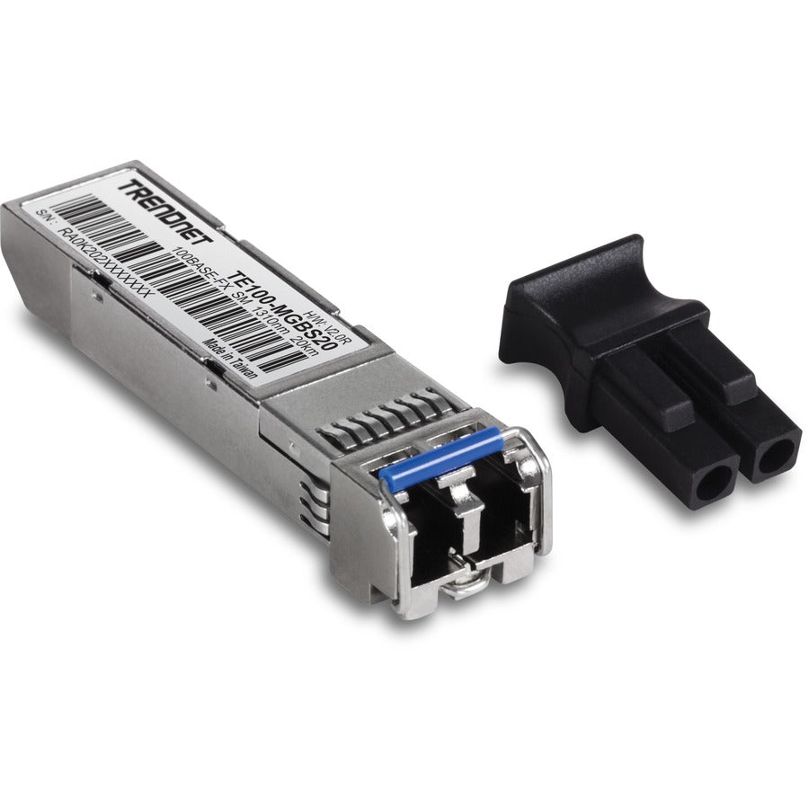 Module LC monomode SFP vers RJ45 100Base-FX TRENDnet ; TE100-MGBS20 ; jusqu'à 20 km (12,4 miles) ; compatible SFP standard ; vitesses jusqu'à 155 Mbps ; compatible fibre duplex-LC ; 1310 nm ; protection à vie TE100-MGBS20