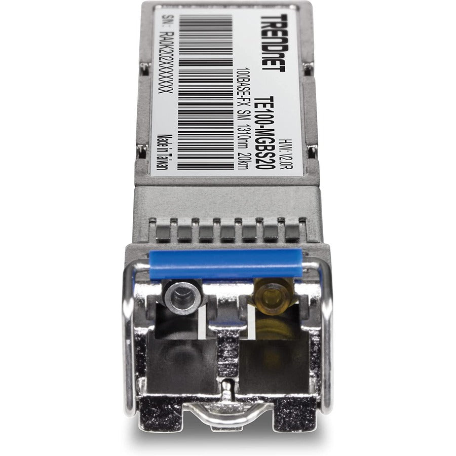 Module LC monomode SFP vers RJ45 100Base-FX TRENDnet ; TE100-MGBS20 ; jusqu'à 20 km (12,4 miles) ; compatible SFP standard ; vitesses jusqu'à 155 Mbps ; compatible fibre duplex-LC ; 1310 nm ; protection à vie TE100-MGBS20