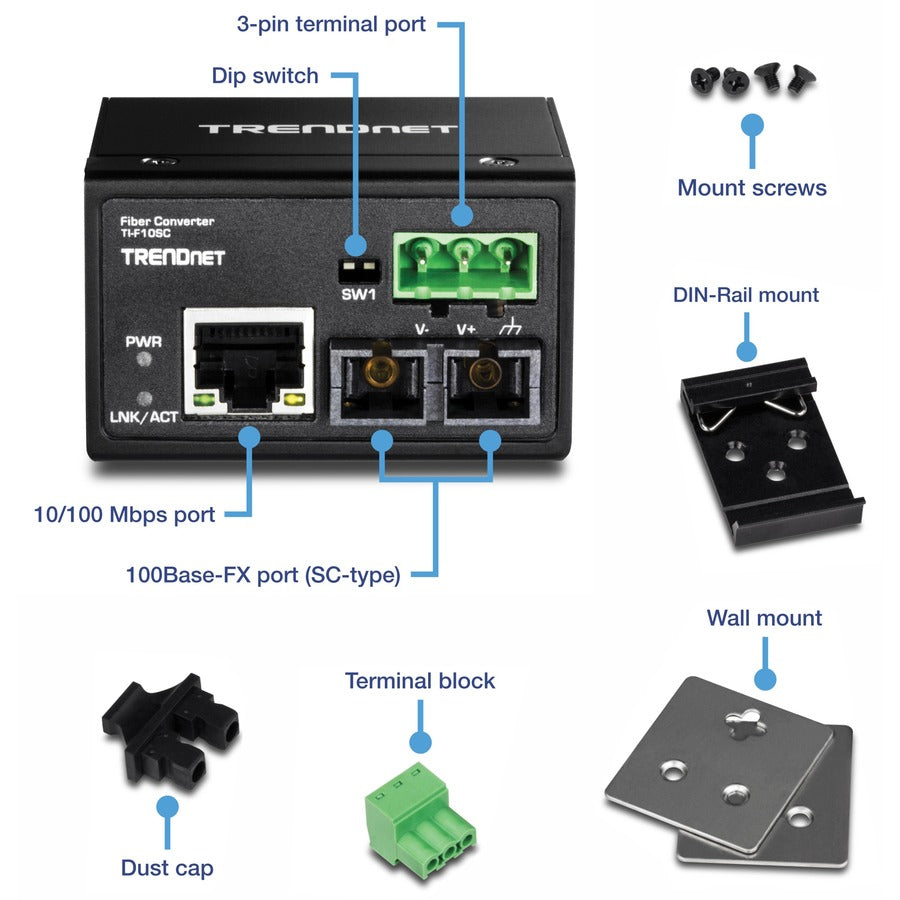 Convertisseur fibre optique multimode 100Base-FX industriel renforcé TRENDnet ; (2 km ; 1,2 mile) ; boîtier IP40 ; TI-F10SC TI-F10SC