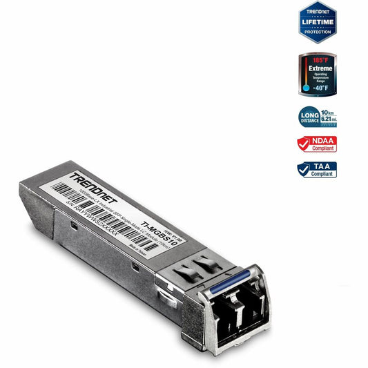 Module LC monomode industriel SFP vers RJ45 TRENDnet (10 km) ; TI-MGBS10 ; SFP industriel 1000Base-LX ; conforme à la norme IEEE 802.3z Gigabit Ethernet ; débits de données jusqu'à 1,25 Gbit/s ; protection à vie TI-MGBS10