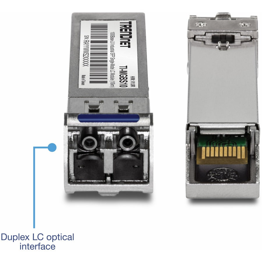 Module LC monomode industriel SFP vers RJ45 TRENDnet (10 km) ; TI-MGBS10 ; SFP industriel 1000Base-LX ; conforme à la norme IEEE 802.3z Gigabit Ethernet ; débits de données jusqu'à 1,25 Gbit/s ; protection à vie TI-MGBS10