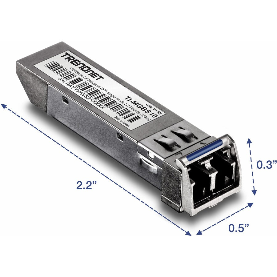 Module LC monomode industriel SFP vers RJ45 TRENDnet (10 km) ; TI-MGBS10 ; SFP industriel 1000Base-LX ; conforme à la norme IEEE 802.3z Gigabit Ethernet ; débits de données jusqu'à 1,25 Gbit/s ; protection à vie TI-MGBS10