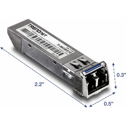 Module LC monomode industriel SFP vers RJ45 TRENDnet (10 km) ; TI-MGBS10 ; SFP industriel 1000Base-LX ; conforme à la norme IEEE 802.3z Gigabit Ethernet ; débits de données jusqu'à 1,25 Gbit/s ; protection à vie TI-MGBS10