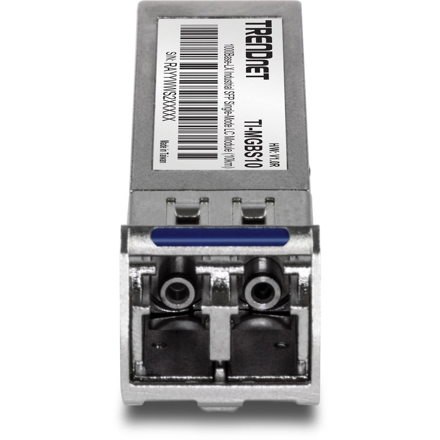 Module LC monomode industriel SFP vers RJ45 TRENDnet (10 km) ; TI-MGBS10 ; SFP industriel 1000Base-LX ; conforme à la norme IEEE 802.3z Gigabit Ethernet ; débits de données jusqu'à 1,25 Gbit/s ; protection à vie TI-MGBS10
