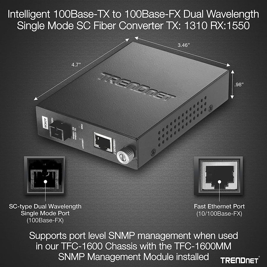 Convertisseur de média fibre optique monomode 100Base-TX vers 100Base-FX intelligent TRENDnet (40 km / 24,9 miles) ; port RJ-45 ; convertisseur fibre vers Ethernet ; protection à vie ; TFC-110S40D3i TFC-110S40D3i