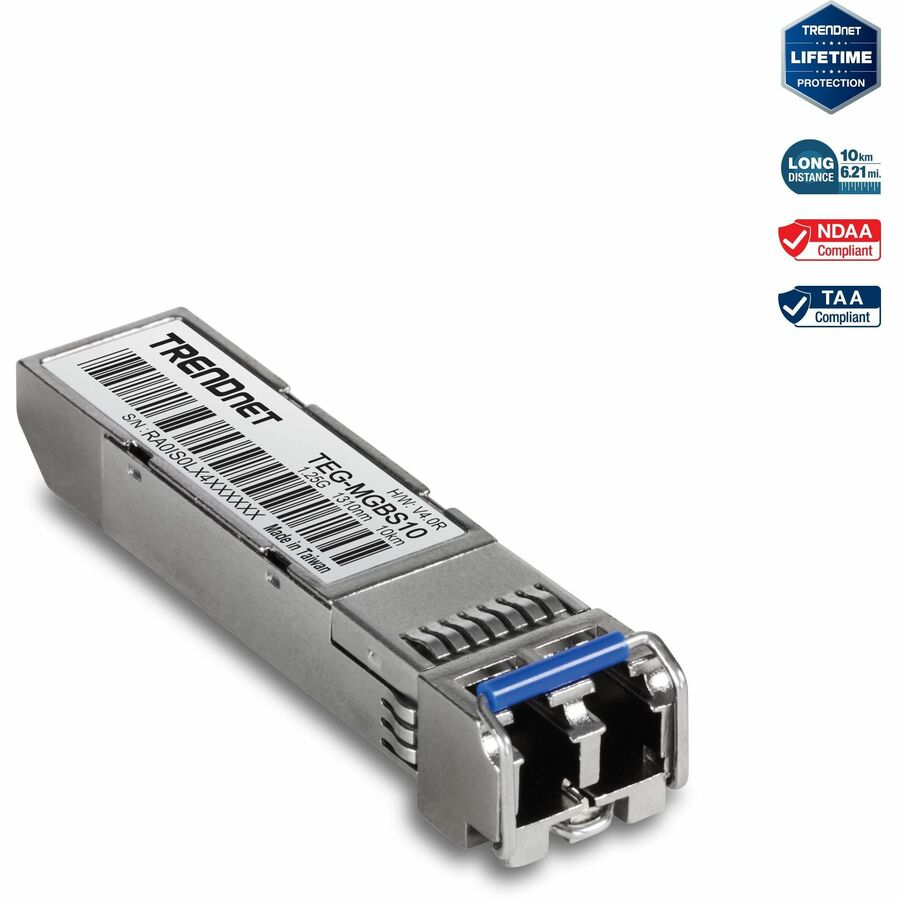 Module LC monomode SFP vers RJ45 Mini-GBIC TRENDnet ; TEG-MGBS10 ; pour fibre monomode ; distances jusqu'à 10 km (6,2 miles) ; module Gigabit SFP ; IEEE 802.3z Gigabit Ethernet ; protection à vie TEG-MGBS10