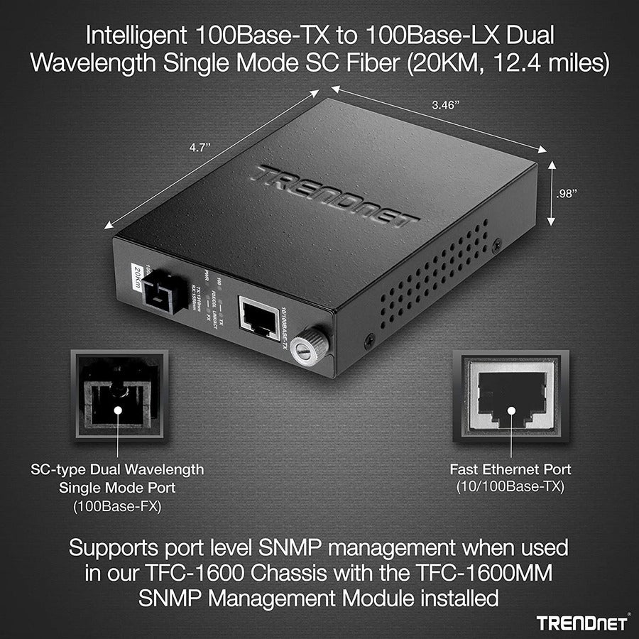 TRENDnet Intelligent 100Base-TX to 100Base-FX Dual Wavelength Single Mode SC Fiber Media Converter (20 km / 12.4 miles);RJ-45 port; Fiber to Ethernet Converter; Lifetime Protection; TFC-110S20D3i TFC-110S20D3i