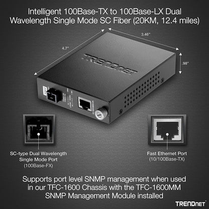 TRENDnet Intelligent 100Base-TX to 100Base-FX Dual Wavelength Single Mode SC Fiber Media Converter (20 km / 12.4 miles);RJ-45 port; Fiber to Ethernet Converter; Lifetime Protection; TFC-110S20D3i TFC-110S20D3i