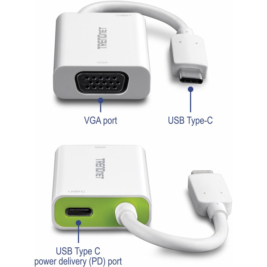 Adaptateur USB-C vers VGA TRENDnet avec alimentation, connexion USB-C haute vitesse, compatible avec l'alimentation USB-C, CHROME, WINDOWS 10, MAC, TUC-VGA2 TUC-VGA2