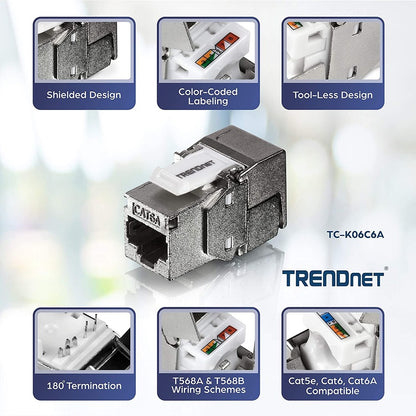 TRENDnet Shielded Cat6A Keystone Jack, 6-Pack Bundle, TC-K06C6A, 180&deg; Angle Termination, Compatible with Cat5/Cat5e/Cat6 Cabling, Use w/ TC-KP24S Shielded Blank Keystone Patch Panel (sold separately) TC-K06C6A
