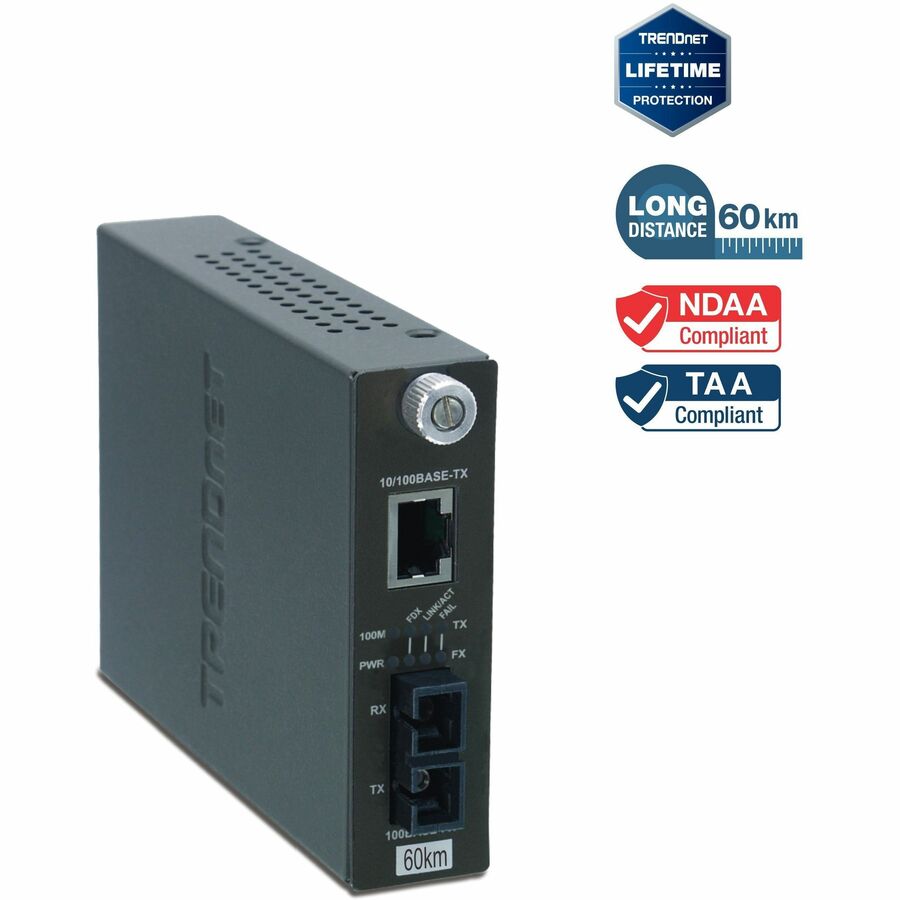 Convertisseur de média fibre optique monomode 10/100Base-TX vers 100Base-FX intelligent TRENDnet (60 km/37,3 miles) ; négociation automatique ; port RJ-45 ; convertisseur fibre vers Ethernet ; protection à vie ; TFC-110S60i TFC-110S60i