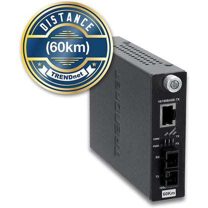 Convertisseur de média fibre optique monomode 10/100Base-TX vers 100Base-FX intelligent TRENDnet (60 km/37,3 miles) ; négociation automatique ; port RJ-45 ; convertisseur fibre vers Ethernet ; protection à vie ; TFC-110S60i TFC-110S60i