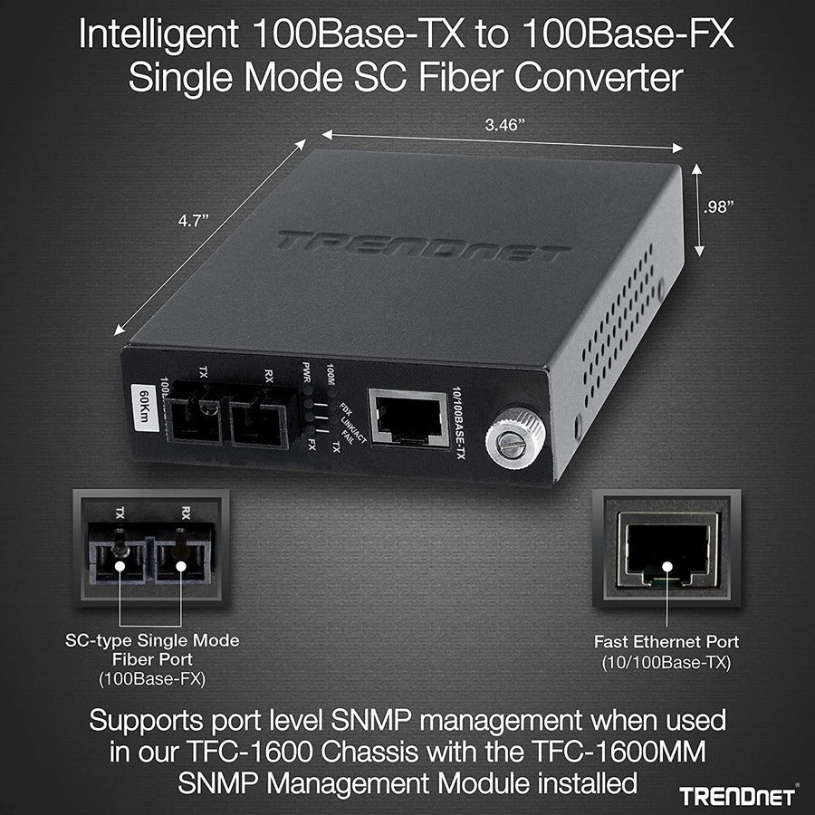 Convertisseur de média fibre optique monomode 10/100Base-TX vers 100Base-FX intelligent TRENDnet (60 km/37,3 miles) ; négociation automatique ; port RJ-45 ; convertisseur fibre vers Ethernet ; protection à vie ; TFC-110S60i TFC-110S60i