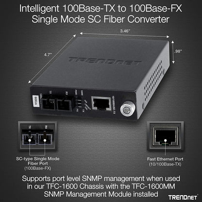 Convertisseur de média fibre optique monomode 10/100Base-TX vers 100Base-FX intelligent TRENDnet (60 km/37,3 miles) ; négociation automatique ; port RJ-45 ; convertisseur fibre vers Ethernet ; protection à vie ; TFC-110S60i TFC-110S60i