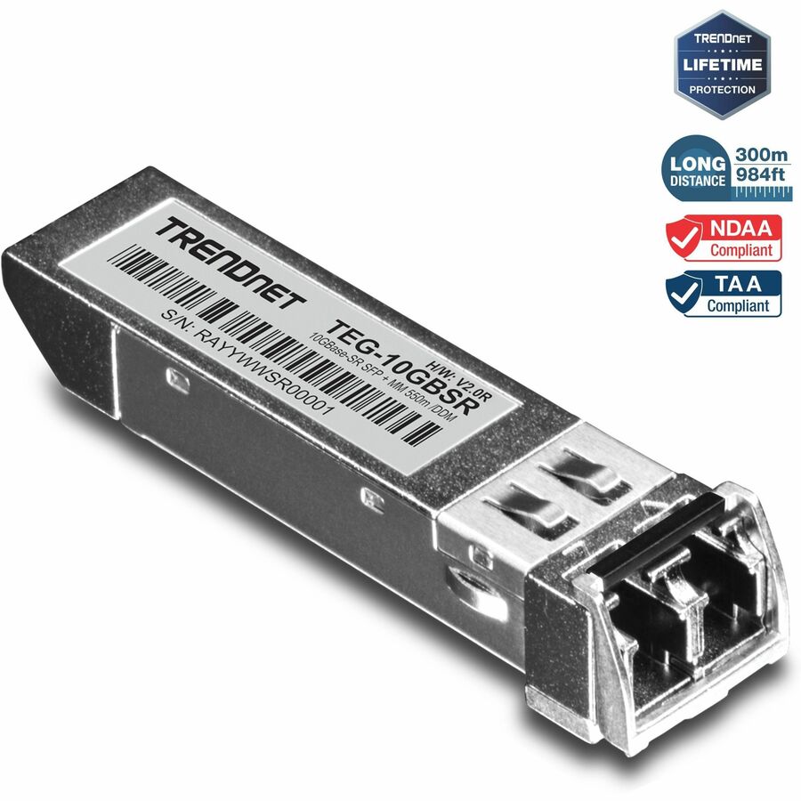 Module LC multimode SFP+ TRENDnet SFP vers RJ45 10GBASE-SR ; TEG-10GBSR ; jusqu'à 550 m (1 804 pi) ; émetteur-récepteur SFP+ enfichable à chaud ; longueur d'onde de 850 nm ; connecteur LC duplex ; prise en charge DDM ; protection à vie TEG-10GBSR
