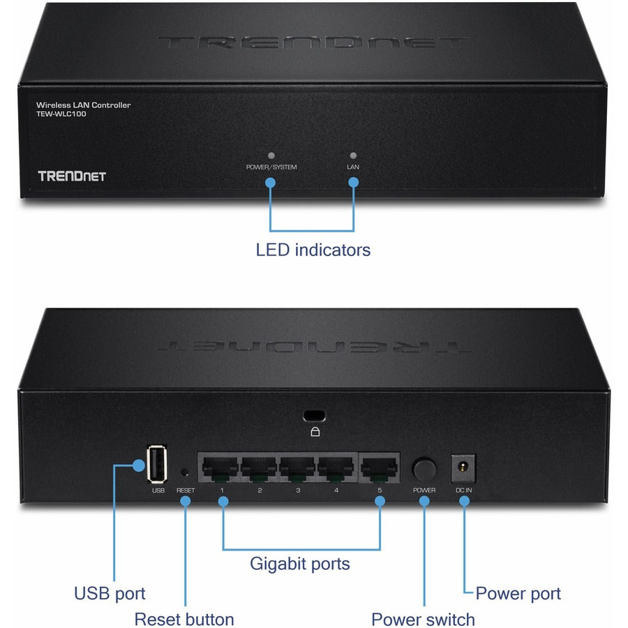 Contrôleur LAN sans fil TRENDnet ; commutateur GB 5 ports intégré ; compatible avec : TEW-755AP/TEW-821DAP/TEW-825DAP ; gestion des points d'accès ; TEW-WLC100 TEW-WLC100