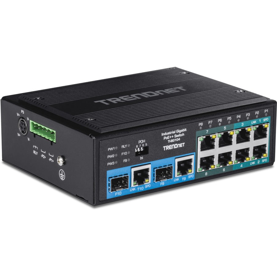 Commutateur rail DIN Gigabit PoE++ industriel non géré à 10 ports TRENDnet, 4 ports Gigabit PoE++, 4 ports Gigabit PoE+, 2 ports de partage Gigabit SFP ou RJ-45, budget d'alimentation de 360 ​​W, noir, TI-BG104 TI-BG104