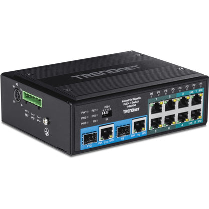 Commutateur rail DIN Gigabit PoE++ industriel non géré à 10 ports TRENDnet, 4 ports Gigabit PoE++, 4 ports Gigabit PoE+, 2 ports de partage Gigabit SFP ou RJ-45, budget d'alimentation de 360 ​​W, noir, TI-BG104 TI-BG104