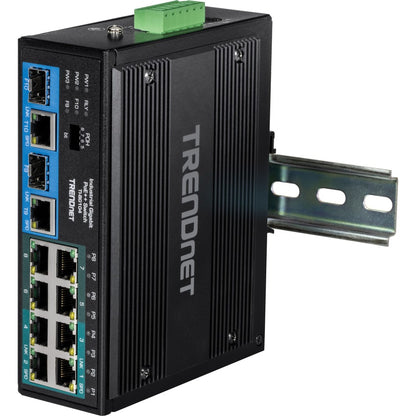 Commutateur rail DIN Gigabit PoE++ industriel non géré à 10 ports TRENDnet, 4 ports Gigabit PoE++, 4 ports Gigabit PoE+, 2 ports de partage Gigabit SFP ou RJ-45, budget d'alimentation de 360 ​​W, noir, TI-BG104 TI-BG104