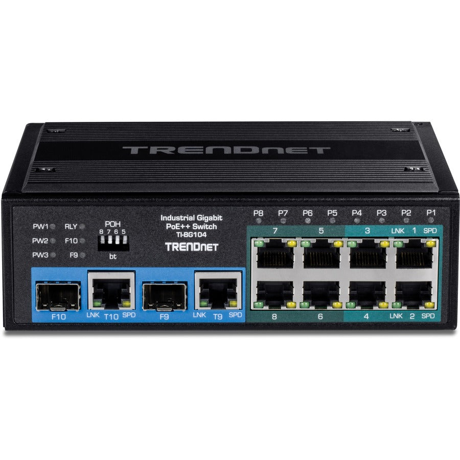 Commutateur rail DIN Gigabit PoE++ industriel non géré à 10 ports TRENDnet, 4 ports Gigabit PoE++, 4 ports Gigabit PoE+, 2 ports de partage Gigabit SFP ou RJ-45, budget d'alimentation de 360 ​​W, noir, TI-BG104 TI-BG104