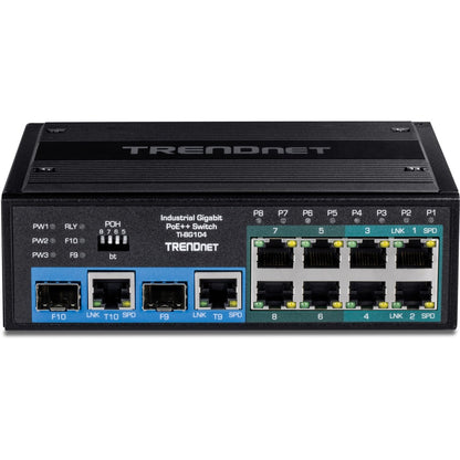 Commutateur rail DIN Gigabit PoE++ industriel non géré à 10 ports TRENDnet, 4 ports Gigabit PoE++, 4 ports Gigabit PoE+, 2 ports de partage Gigabit SFP ou RJ-45, budget d'alimentation de 360 ​​W, noir, TI-BG104 TI-BG104