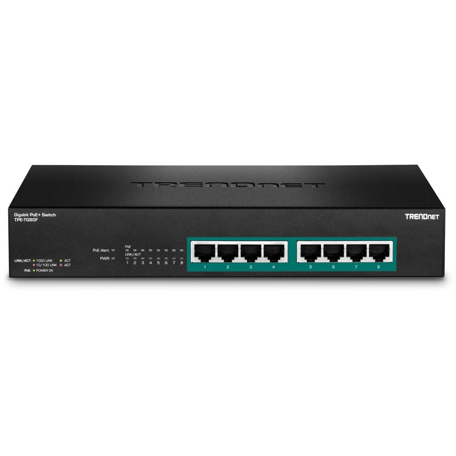 TRENDnet Switch PoE+ Gigabit à 8 ports à pleine puissance ; 8 ports PoE+ Gigabit ; budget d'alimentation de 240 W ; capacité de commutation de 16 Gbit/s ; montable en rack ; commutateur réseau Ethernet ; métal ; protection à vie ; TPE-TG80F TPE-TG80F
