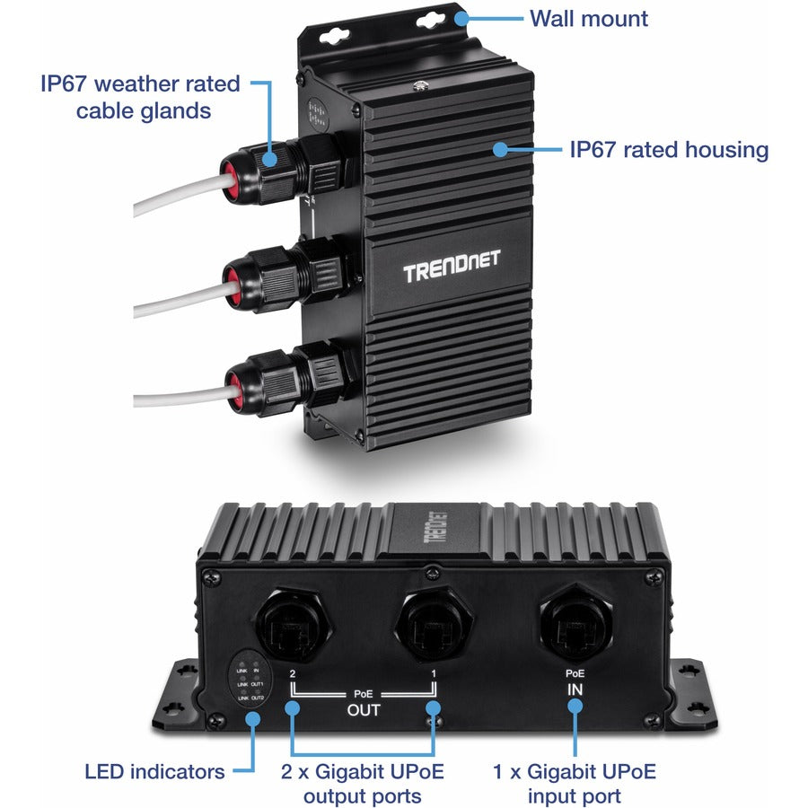 TRENDnet Extendeur UPoE Gigabit industriel extérieur à 2 ports, s'étend sur 100 m - Distance totale jusqu'à 200 m (656'), prend en charge PoE (15,4 W), PoE+ (30 W), UPoE (60 W), boîtier IP67, TI-EU120 TI-EU120