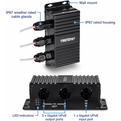 TRENDnet Extendeur UPoE Gigabit industriel extérieur à 2 ports, s'étend sur 100 m - Distance totale jusqu'à 200 m (656'), prend en charge PoE (15,4 W), PoE+ (30 W), UPoE (60 W), boîtier IP67, TI-EU120 TI-EU120