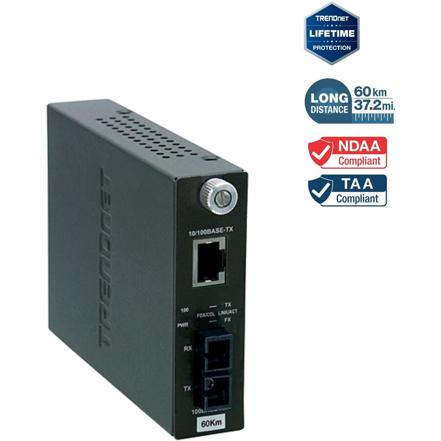 Convertisseur de média fibre optique monomode 100Base-TX vers 100Base-FX de TRENDnet (60 km ; 37,3 miles) ; négociation automatique ; duplex intégral ; port RJ-45 ; convertisseur fibre vers Ethernet ; protection à vie ; TFC-110S60 TFC-110S60