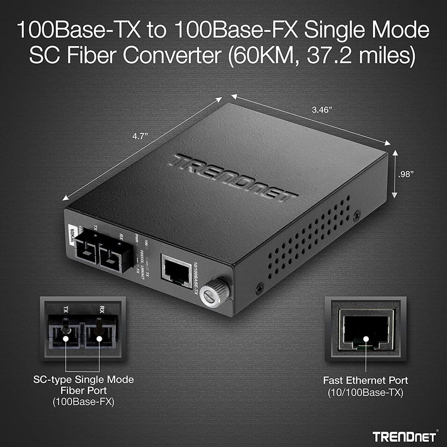 Convertisseur de média fibre optique monomode 100Base-TX vers 100Base-FX de TRENDnet (60 km ; 37,3 miles) ; négociation automatique ; duplex intégral ; port RJ-45 ; convertisseur fibre vers Ethernet ; protection à vie ; TFC-110S60 TFC-110S60