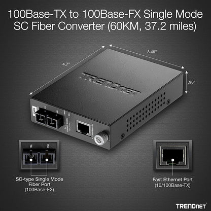 Convertisseur de média fibre optique monomode 100Base-TX vers 100Base-FX de TRENDnet (60 km ; 37,3 miles) ; négociation automatique ; duplex intégral ; port RJ-45 ; convertisseur fibre vers Ethernet ; protection à vie ; TFC-110S60 TFC-110S60