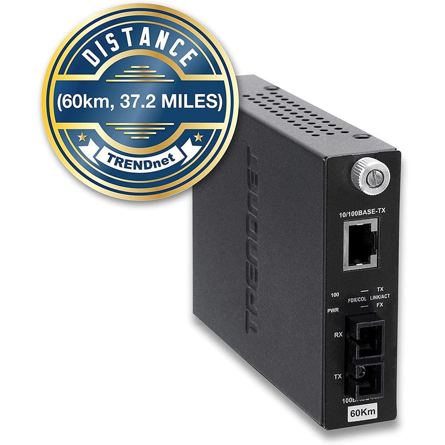 Convertisseur de média fibre optique monomode 100Base-TX vers 100Base-FX de TRENDnet (60 km ; 37,3 miles) ; négociation automatique ; duplex intégral ; port RJ-45 ; convertisseur fibre vers Ethernet ; protection à vie ; TFC-110S60 TFC-110S60