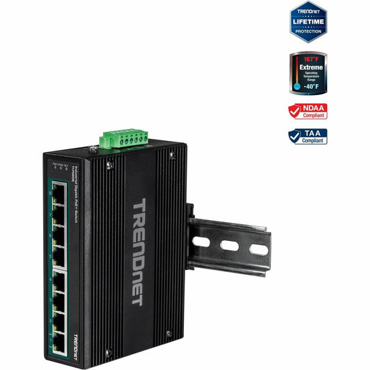 TRENDnet Commutateur DIN-Rail Gigabit 10/100/1000 Mbps industriel renforcé à 8 ports avec 8 ports Gigabit PoE+ ; TI-PG80B ; Entrées d'alimentation 24 - 56 V CC avec protection contre les surcharges TI-PG80B