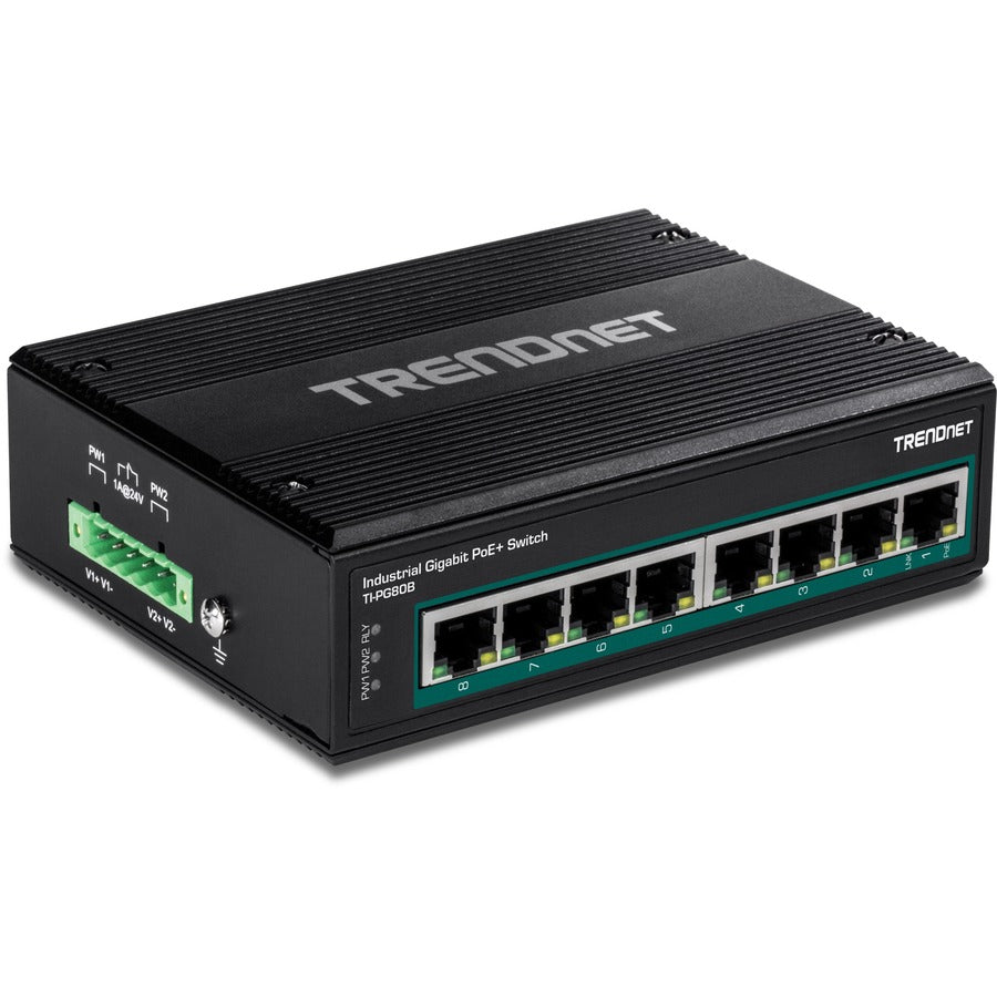 TRENDnet Commutateur DIN-Rail Gigabit 10/100/1000 Mbps industriel renforcé à 8 ports avec 8 ports Gigabit PoE+ ; TI-PG80B ; Entrées d'alimentation 24 - 56 V CC avec protection contre les surcharges TI-PG80B