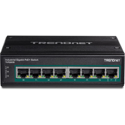 TRENDnet Commutateur DIN-Rail Gigabit 10/100/1000 Mbps industriel renforcé à 8 ports avec 8 ports Gigabit PoE+ ; TI-PG80B ; Entrées d'alimentation 24 - 56 V CC avec protection contre les surcharges TI-PG80B