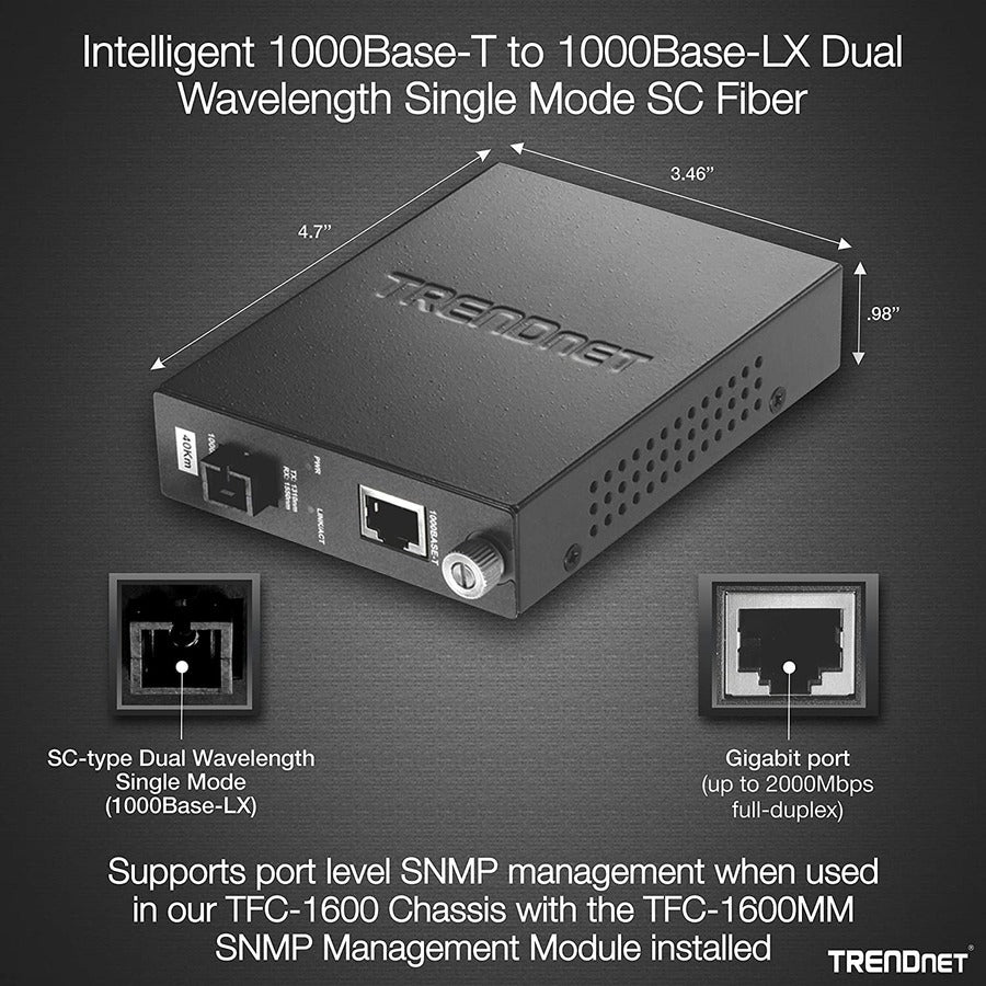 TRENDnet Intelligent Fiber Media Converter; 1000Base-T to 1000Base-LX Dual Wavelength Single Mode SC Fiber (40 km / 24.85 miles)Fiber to Ethernet Converter; RJ-45; Lifetime Protection; TFC-1000S40D3 TFC-1000S40D3