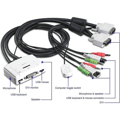 TRENDnet 2-Port DVI USB KVM Switch and Cable Kit with Audio, Manage Two PC's, USB 2.0, Hot-Plug, Auto-Scan, Hot-Keys, Windows/Linux/Mac Compliant, TK-214i TK-214i
