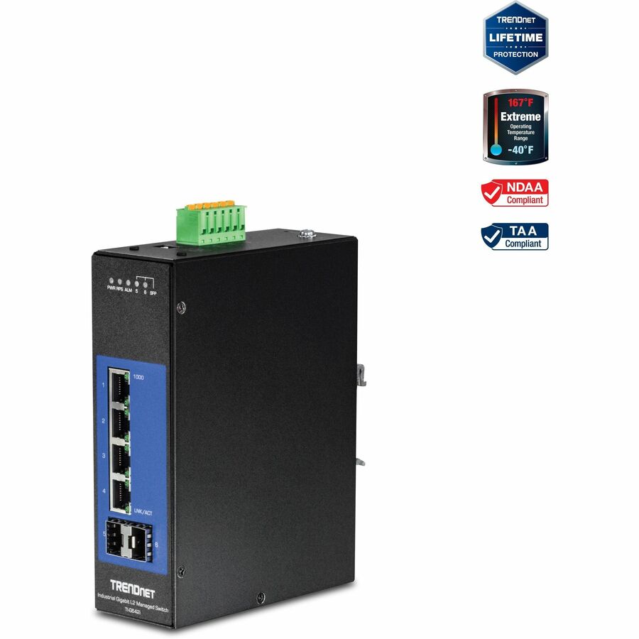 Commutateur DIN-Rail géré Gigabit industriel L2 à 6 ports TRENDnet ; 4 ports Gigabit ; 2 emplacements SFP ; montage sur rail DIN ; IP30 ; VLAN ; QoS ; LACP ; STP/RSTP ; gestion de la bande passante ; protection à vie ; TI-G642i TI-G642I