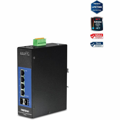Commutateur DIN-Rail géré Gigabit industriel L2 à 6 ports TRENDnet ; 4 ports Gigabit ; 2 emplacements SFP ; montage sur rail DIN ; IP30 ; VLAN ; QoS ; LACP ; STP/RSTP ; gestion de la bande passante ; protection à vie ; TI-G642i TI-G642I