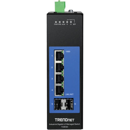 Commutateur DIN-Rail géré Gigabit industriel L2 à 6 ports TRENDnet ; 4 ports Gigabit ; 2 emplacements SFP ; montage sur rail DIN ; IP30 ; VLAN ; QoS ; LACP ; STP/RSTP ; gestion de la bande passante ; protection à vie ; TI-G642i TI-G642I