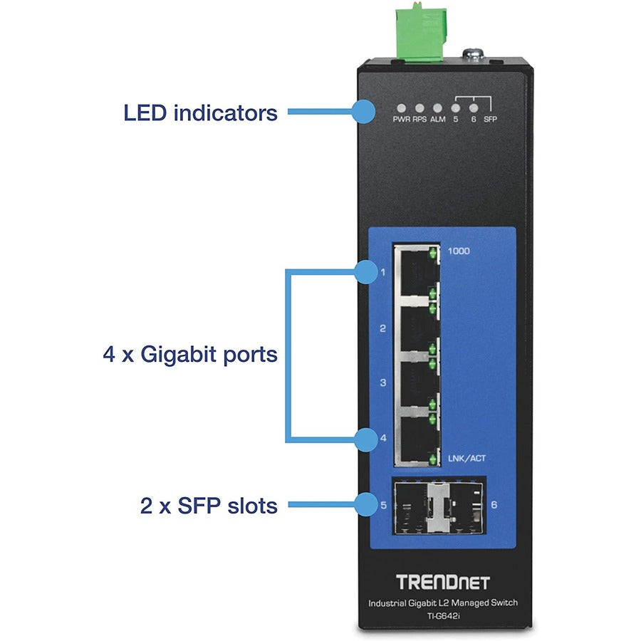 Commutateur DIN-Rail géré Gigabit industriel L2 à 6 ports TRENDnet ; 4 ports Gigabit ; 2 emplacements SFP ; montage sur rail DIN ; IP30 ; VLAN ; QoS ; LACP ; STP/RSTP ; gestion de la bande passante ; protection à vie ; TI-G642i TI-G642I